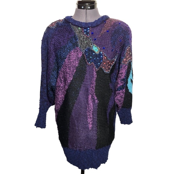B.B. Georgia Sweaters - Vtg 80s Funky Statement Sweater Abstract Art Knit Beaded Glam‎ Novelty M B44